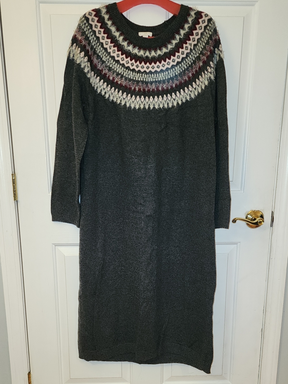 J. Jill Charcoal Sweater Dress with Fair Isle Yoke in Cream and Burgundy